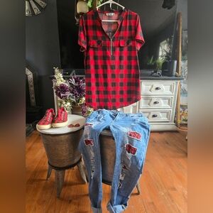 Buffalo Plaid Shirt And Distressed Jeans With Matching Shoes & earings